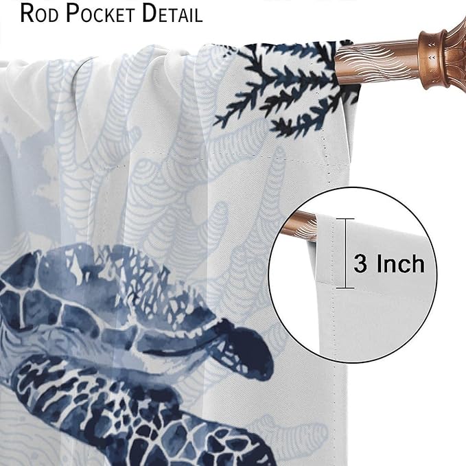 Coastal Nautical Curtains, Turtle Beach Sea Seashell Theme Pattern Blackout Print Home Bedroom Living Room Window Treatmen 2 Panel Set 63x63 Inch