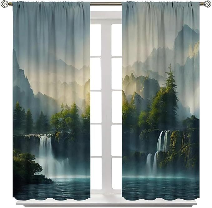 Landscape Theme Waterfall Blackout Curtains, Waterfall Mountains Jungle Printed Natural Scenery Window Drapes, for Bedroom Living Room 63" W X 63" L