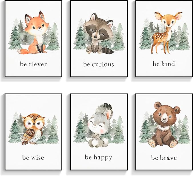 gooptyinh Framed Woodland Nursery Animal Canvas Wall Art, 6 Piece Inspirational Forest Animals Print Posters, Motivational Quotes Cute Bear Fox Rabbit Deer Raccoon Owl Decor for Baby Bedroom 8x10in
