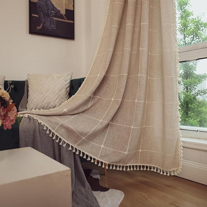 Deeprove Boho Curtains 72 Inches Length Bohemian Lattice Gingham Chic Textured Embroidery Plaids, Vintage Tassels Home Decor Drapes Light Filtering Rod Pocket, 1 Panel W52 x L72, Natural Linen
