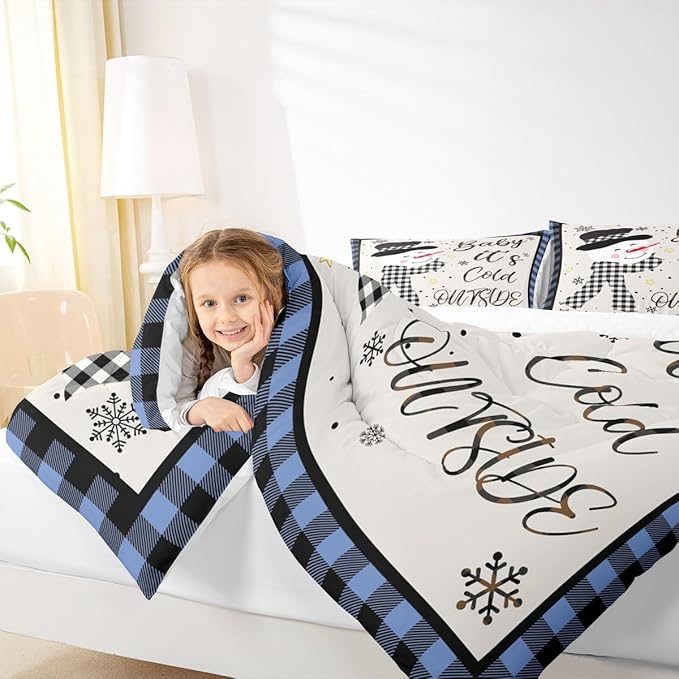 Christmas Snowman Kids Comforter Set King Size,Snowflake Christmas Holiday Bedding Set,Girls Boys Adults Xmas Decor,Geometric Grids Lattices Down Comforter,Blue Rustic Duvet Insert,2 Pillowcases