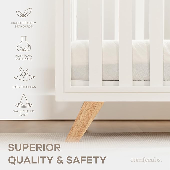 Comfy Cubs Baby Crib for 0 to 3 Years - Adjustable Mattress Height, Natural Wooden Crib for Baby, Elegant Nursery Furniture - 80 lbs Capacity Nursery Bed - White Bars and Frame with Natural Wood Leg