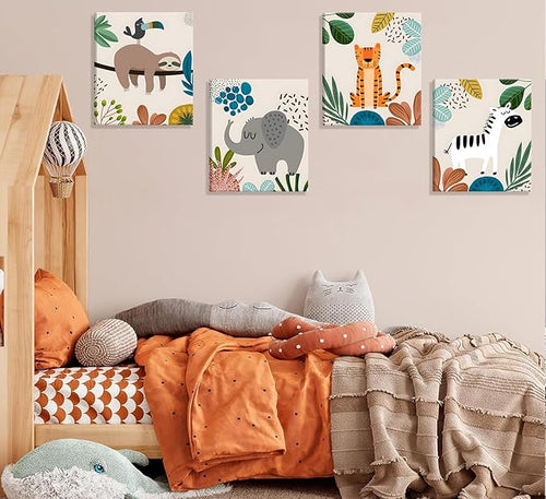 4pcs framed Baby Safari Nursery Wall Art Zebra elephant tiger monkey Pictures Poster Cute Animal Canvas Paintings Prints Decor for Kid Room Baby Room Wall Decor