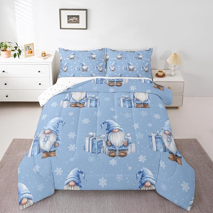 Feelyou Blue Christmas Comforter Set Queen Size Scandinavian Christmas Santa Gnomes Bedding Set for Kids Boys Girls Xmas Snowflake Duvet Quilt Bedroom Decor 3 Pcs with 2 Pillow Cases