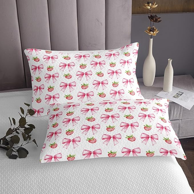 Pink Bowknot Kids Bedspread King Size,Strawberry Summer Fruit Toddler Coverlet Set,Girls Women Room Decor,Bow Tie Butterfly Knot Princess Quilted Coverlet,Cartoon Cute Bedding Quilt,2 Pillowcases