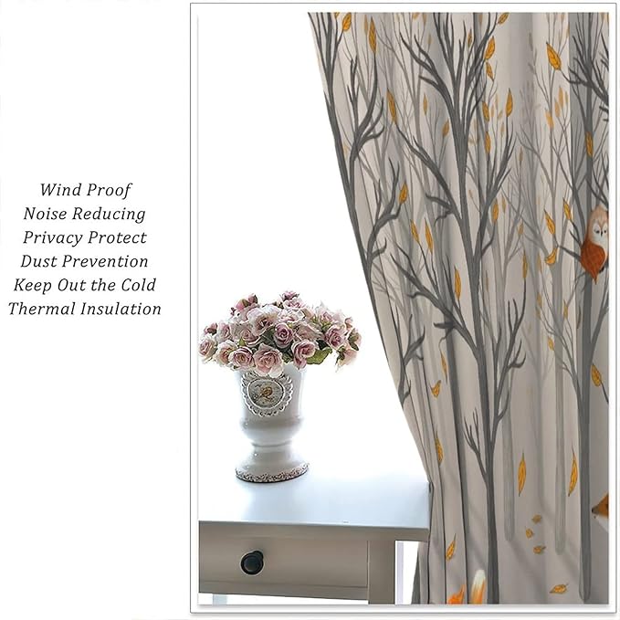 Kids Woodland Animal Window Curtains, Autumn Forest Hedgehog Rabbits Squirrel Fox Birds Blackout Rod Pocket Window Treatments Drapes for Boys Girls Bedroom 72x63in