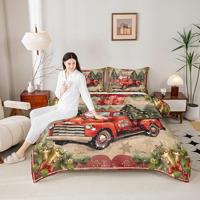Manfei Red Truck Comforter Set King Size, Xmas Trees Santa Claus Snowflake Bedding Set 3pcs for Kids Boys Girls Room Decor, Christmas Theme Down Comforter New Year Quilt Set with 2 Pillowcases