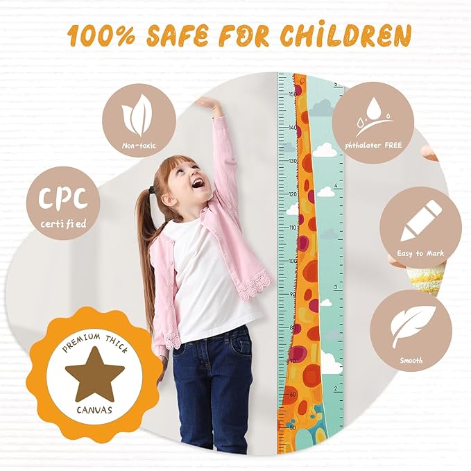 Personalized Name Growth Chart Wall Decor for Kids – Canvas Removable Height Chart Measuring Ruler 59" x 7.9" (Painted Giraffe)