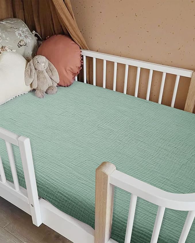 Crib Sheets for Baby Boy Girl 2 Pack, Fitted Crib Mattress Sheet 28" x 52", Muslin Toddler Bedding with Neutral Style, Nursery Bedding Essentials (Beige & Sage)
