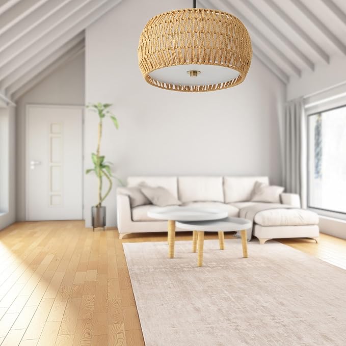 Rattan Pendant Light Kitchen Island,12.8" Hand-woven Modern Semi Flush Mount Ceiling Light Fixture,Boho Woven Lamp Shade Chandelier,Adjustable Farmhouse Hanging Light for Bedroom Bar Hallway