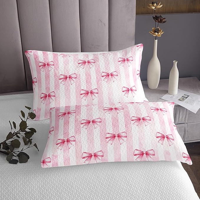 Pink Bowknot Kids Bedspread King Size,Bow Tie Geometric Stripe Coverlet Set,Girls Women Room Decor,Butterfly Knot Princess Style Fashion Quilted Coverlet,Pink Romantic Bedding Quilt,2 Pillowcases