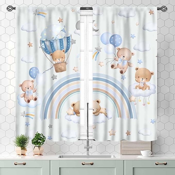Bear Curtains for Kids Room, Baby Boys Girls Cute Lovely Bear Cloud Boho Rainbow Pastel Blue Window Drapery Treatments for Living Room Bedroom Nursey Toddler Classroom 2 Panels, 55x39 Inch