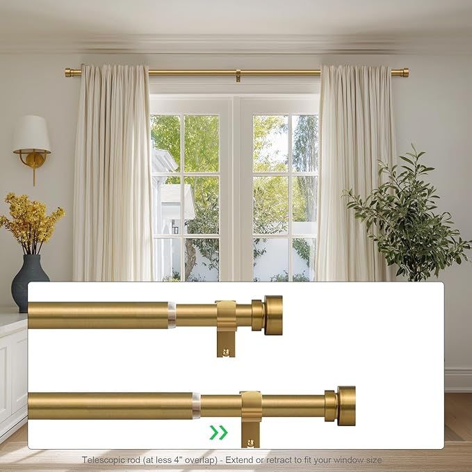 Brass Curtain Rods for Windows 28 to 48 Adjustable Modern Gold Curtain Rod 1 inch Diameter Heavy Duty with Solid Metal Finials for Living Room Bedroom Farmhouse Outdoor Patio