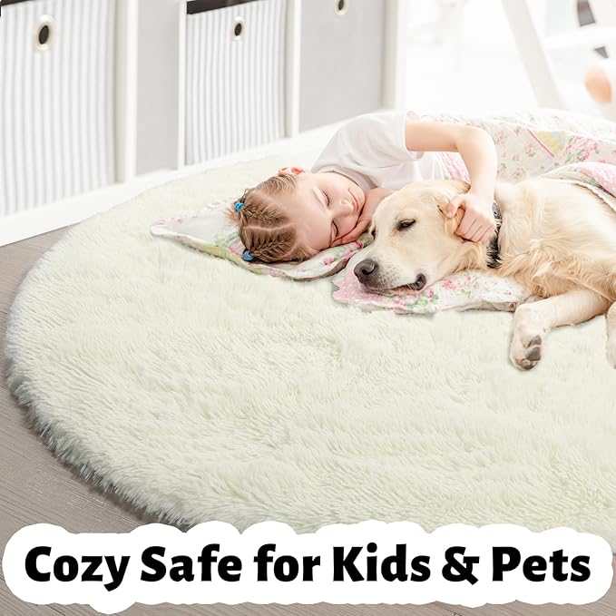 Amdrebio Ivory White Round Circle Rug 6Ft for Kids Bedroom Aesthetic, Big Washable Fluffy Fuzzy Area Rugs for Living Room, Circular Plush Soft Shaggy Cream Carpet for Baby Nursery Teen Girls Boys