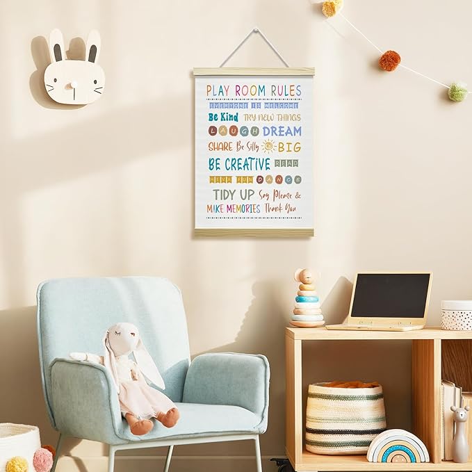Nopoben Playroom Rules Poster Hanger Frame, Playroom Wall Art With Wooden Poster Hanger, Play Room Wall Decor, Kids Room Nursery Bedroom Classroom Decor(12x16 Inches)-21