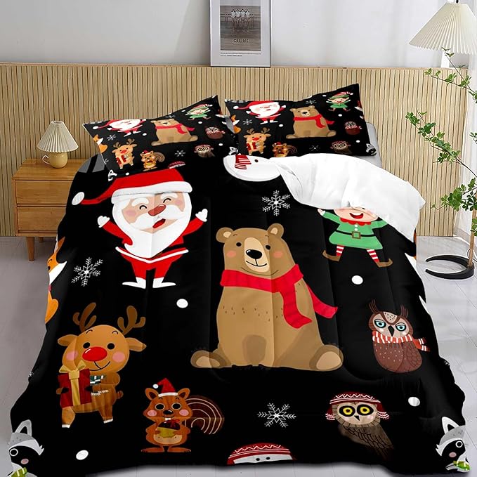 LUVIVIHOME 3PCS Merry Christmas Comforter Set Full Size, Boys Girls Kids Bedding, Black Quilt, Funny Cute Cartoon Santa Claus Elf Owl Elk Reindeer Squirrel Xmas Christmas Bedroom Decor, 2 Pillow Shams