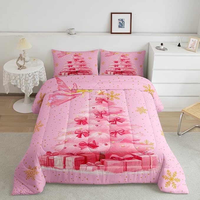 Erosebridal Xmas Tree Queen Bedding Sets Merry Christmas Queen Comforter Set for Kids Boys Girls Teens Snowflake Decorations Down Comforter Princess Bow Pink Decor Duvet Insert