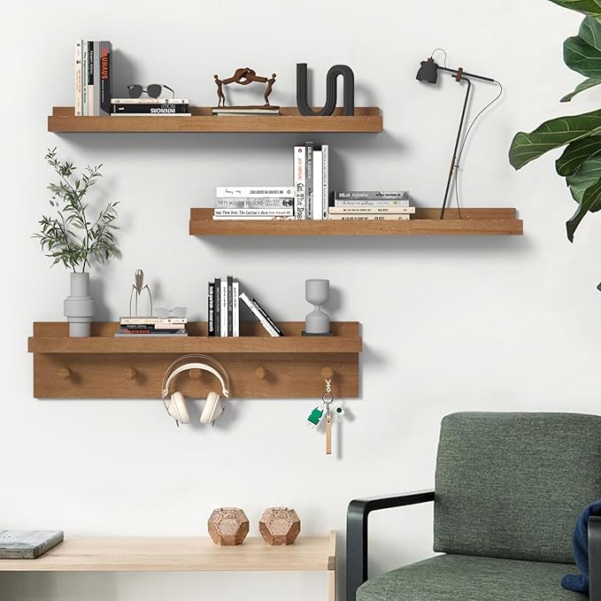 MBYD 24 Inch Floating Shelves, Picture Ledge Shelf, Natural Wood Wall Shelf, Nursery Book Shelves for Kids Room Decor with Hooks, Kitchen Bathroom Storage, Living Room Walnut