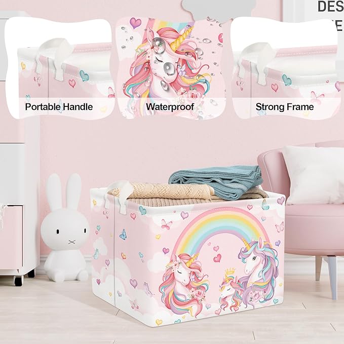 Clastyle 36L Pink Unicorn Rainbow Girls Storage Basket Collapsible Rectangle Clothes ToyBook Shelf Basket for Kid Room Nursery
