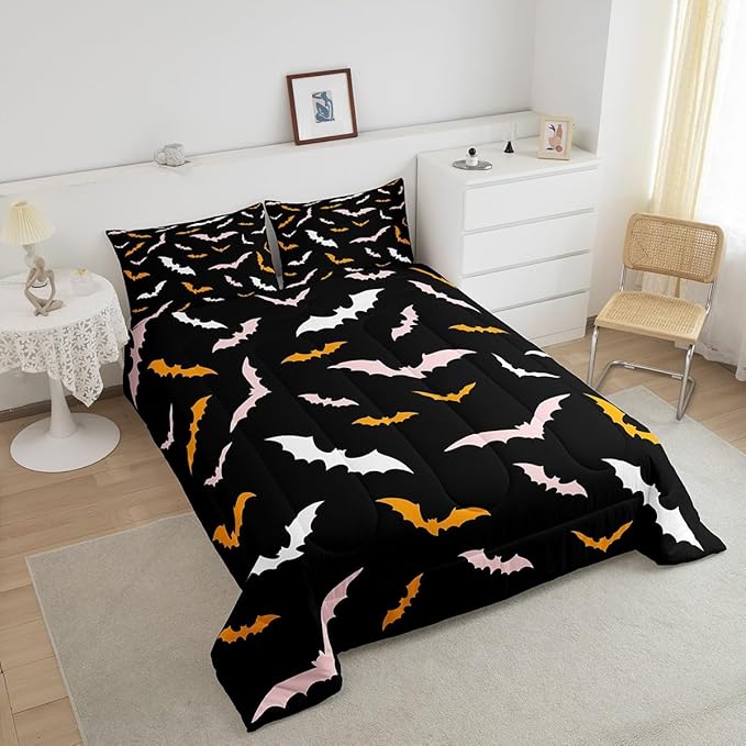 Erosebridal Bat Bedding Set Happy Halloween Comforter Set King Size for Kids Boys Bedroom Pink and Orange Bat Quilt Gothic Spooky Style Duvet Insert with 2 Pillow Cases