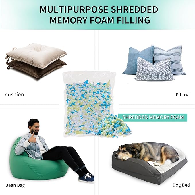 30lbs Shredded Memory Foam Bean Bag Filler, Soft and Convenient Bean Bag Filling Pillow Stuffing for Beanbag, Couch, Cushion, Stuffed Animals, Dog Bed, Arts Crafts