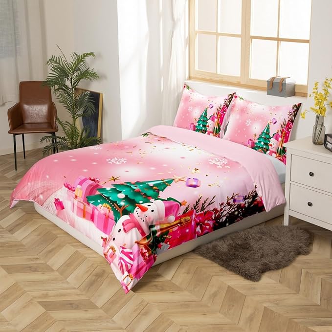 Christmas Bedding Set Kids Christmas Tree Snowman Xmas Theme Comforter Cover Set for Boys Girls Snowflake Duvet Cover Breathable Luxury Gift Boxes Bedspread Cover Room Decor Quilt Cover King Size