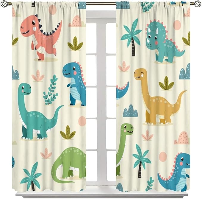 Fun Dino Curtains, Cute Colorful Dinosaur Pattern Window Treatments, Rod Pocket Thermal Insulated Drapes 2 Panel Sets for Children Boys Bedroom Nursery Classroom, 42" W X 45" L【Decor】