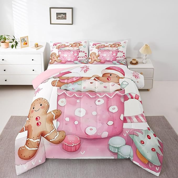 Feelyou Christmas Bedding Set Soft for Boys Girls, Pink Gingerbread Comforter Set Full Size Christmas Decor Duvet Quilt Microfiber Xmas Bedroom Decor 3 Pcs with 2 Pillow Cases