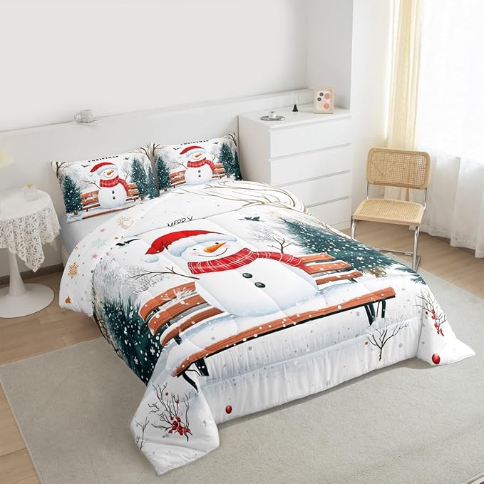 Feelyou Merry Christmas Comforter Set King Size Cute Snowman Bedding Set for Kids Boys Girls Snowflake Duvet Quilt Christmas Tree Bedroom Decor Microfiber 3 Pcs with 2 Pillow Cases