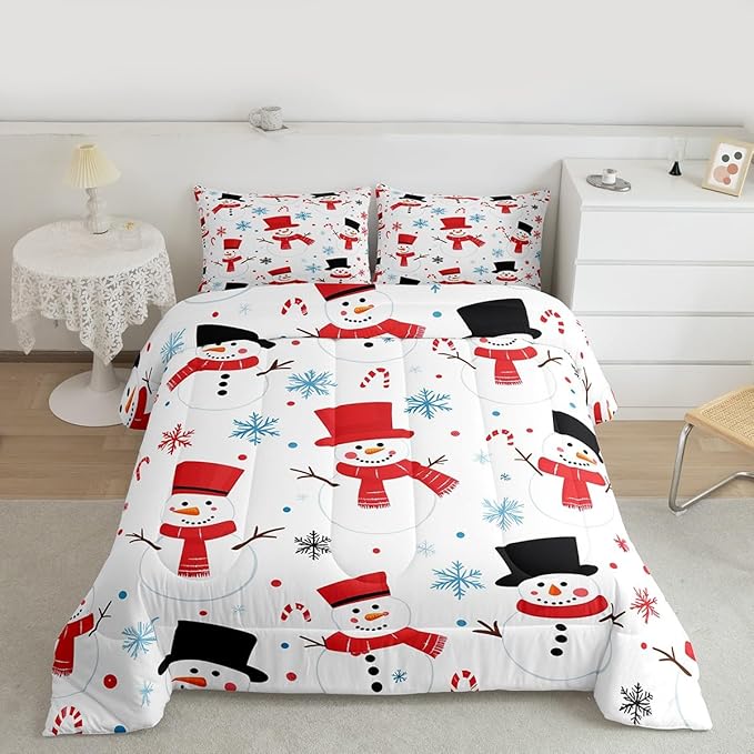 Feelyou Merry Christmas Comforter Set All Season Snowman Bedding Set with 2 Pillow Cases Winter Holiday Microfiber Kids Full Bedclothes New Year Gift Bedroom Decor Duvet Quilt Soft Lightweight