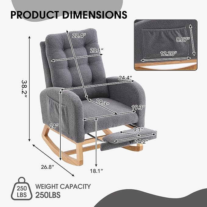 NIOIIKIT Nursery Rocking Chair, Linen Upholstered Glider Chair with Footrest, Tufted Rocker Recliner with Side Pocket, Comfy Recliner Glider, Accent Chair for Living Room (Grey Teddy)