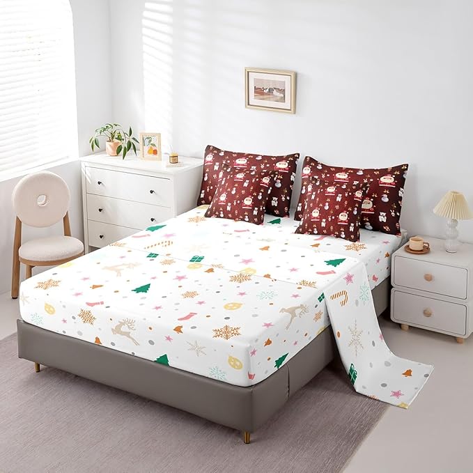 Christmas Kids Bed Set Cute Snowman Santa Claus Decorations Bed in a Bag Boys Girls Bear Rabbit Comforter Set with Sheets Christmas Bells Cartoon Design Bedding Set Bedroom Collection Queen Size