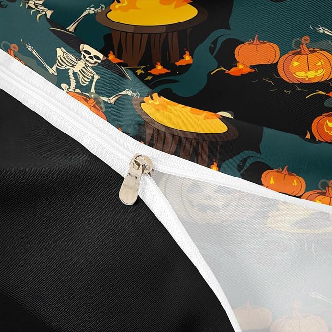 Feelyou Halloween Bedding Set for Kids Horror Skull Skeletons Comforter Cover Set Ghost Duvet Cover Pumpkin Lantern Bats Pattern Bedroom Decor Bedspread Cover Queen Size Bedding Collection 3Pcs