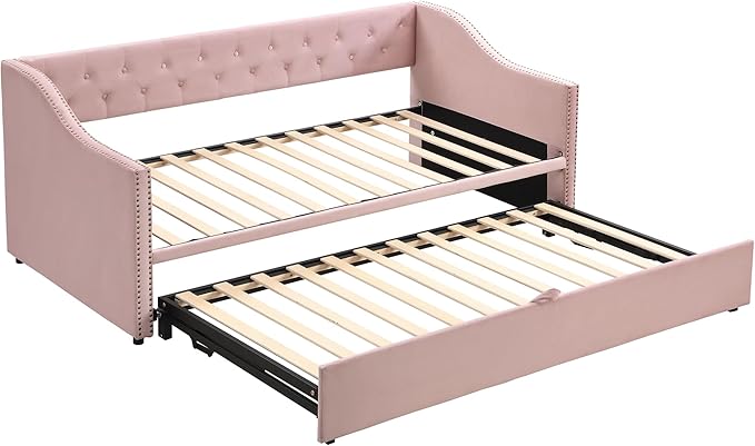 Merax Twin Size Upholstered Velvet Daybed with Pop Up Trundle, Multi-Functional Sofa Bed with Backrest and Two Armrest for Kids Room, Guest Room, Living Room,Pink