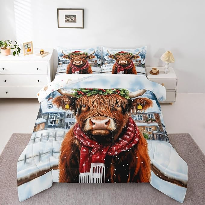 Feelyou Merry Christmas Bedding Set Soft for Boys Girls, Highland Cow Comforter Set Queen Size Snowflake Duvet Quilt Microfiber Winter Bedroom Decor 3 Pcs with 2 Pillow Cases