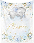 Personalized Elephant Blanket with Name for Boy, Custom Name Blanket for Kids, Soft Flannel Blue Elephant Toddler Blanket Customized Gift for Birthday Christmas Children Day 40x50inch