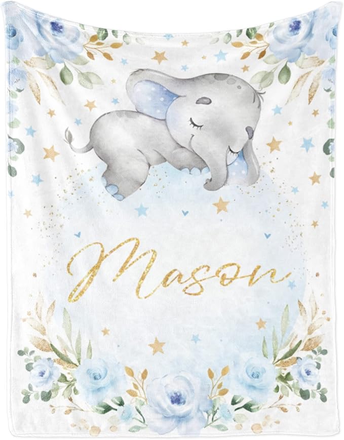 Elephant Baby Blanket Personalized Blanket with Name for Boy, Custom Name Blanket for Newborn Boy, Soft Flannel Toddler Blanket Customized Gift for Birthday Christmas Baby Shower 30" X 40"
