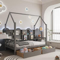 Twin House Bed with Roof and 2 Storage Drawers for Kids, Wooden Twin Size Bed Frame with Storage Shelves Guardrails and Wood Slats for Boys Girls, No Box Sping Required, Gray