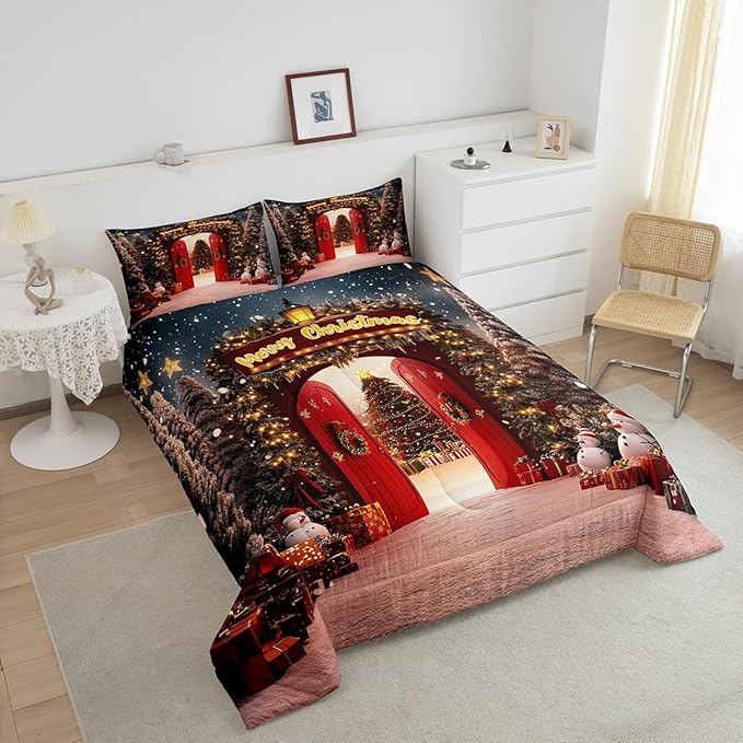 Feelyou Merry Christmas Bedding Set for Kids Boys Girls Toddler Size Christmas Tree and Snowman Comforter Set Ultra Soft Comforter Snowflake Duvet Quilt Bedroom Decor Decorations Quilt