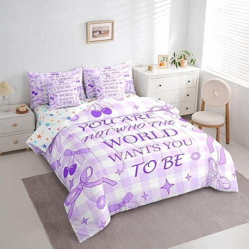 7 Pieces Purple Bowknot Comforter Set King,Cherry Stars Daisy Flowers Romantic Bedding Set,Bow Tie Geometric Plaid Patchwork Dreamy（Comforter+Fitted+Flat Sheet+2 Pillowcases+2 Throw Pillow Covers）