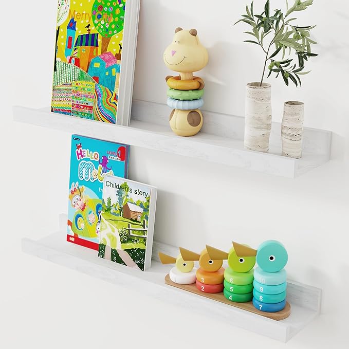Axeman Oak Picture Ledge Shelf, 24 Inch Floating Shelves Set of 2, Solid Oak Wood Wall Shelves with Lip, Wall Decor Storage for Bedroom Living Room Bathroom Kitchen Nursery Photo Picture, White