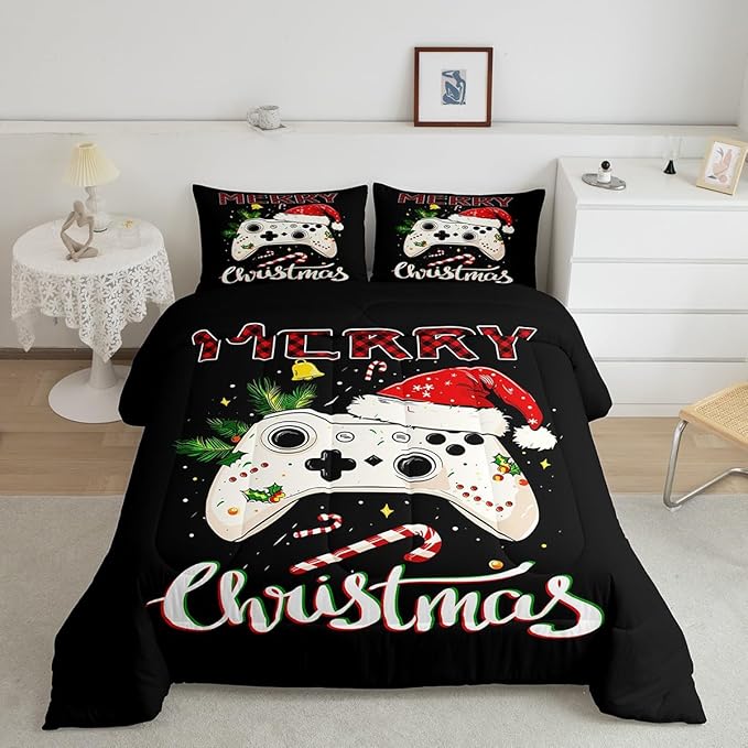 Gamepad Xmas Theme Bedding Set Full Size,Santa Claus Video Games Comforter Set for Kids Boys Girls Room Decor,Merry Christmas Duvet Insert 3Pcs,Gaming Controller Black Quilt Set,2 Pillowcases