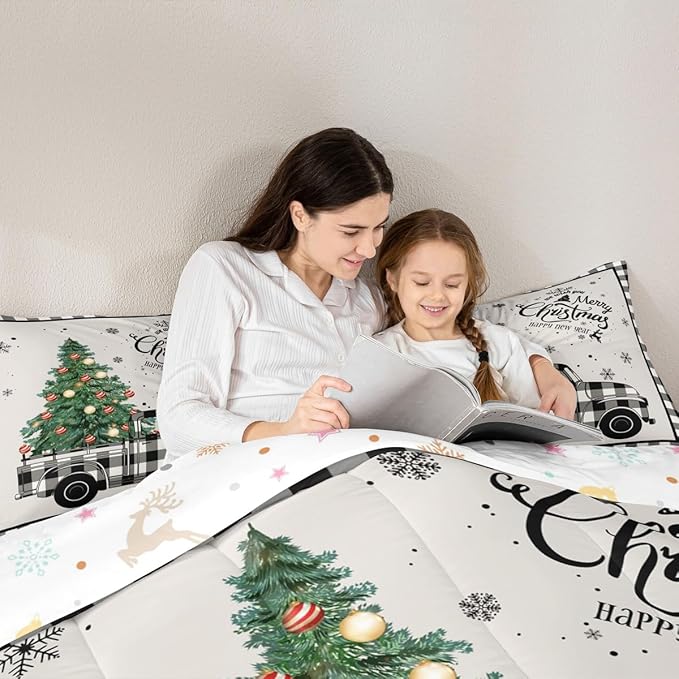 Christmas Truck Kids Comforter Set King Size,Snowflake Pines Trees Rustic Bedding,Girls Boys Adults Bedroom/Xmas Cabin Decor,Geometric Grids Lattice Down Comforter,Retro Duvet Insert,2 Pillowcases