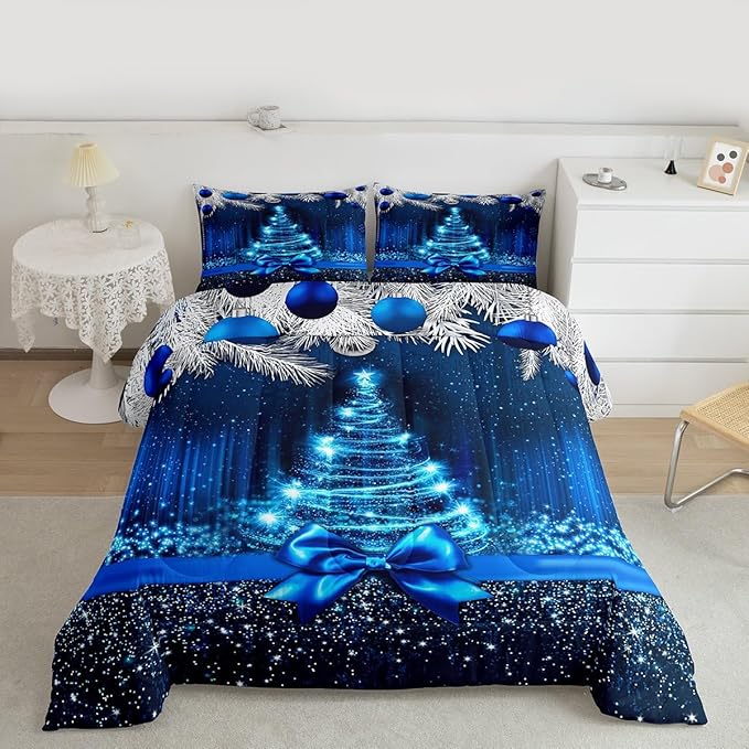 Merry Christmas Kids Comforter Set Full Size,Snowflake Christmas Tree Bowknot Bedding Set,Girls Boys Adults Xmas Decor,Blue Gradient Line Glitter Down Comforter,Romantic Duvet Insert,2 Pillowcases