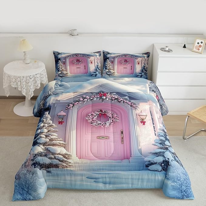 Feelyou Merry Christmas Kids Comforter Set Full Size Winter Snowscape Bedding Set Pink Door Duvet Quilt for Kids Boys Girls Bedroom Garland Xmas Tree Decor Microfiber Ultra Soft Breathable