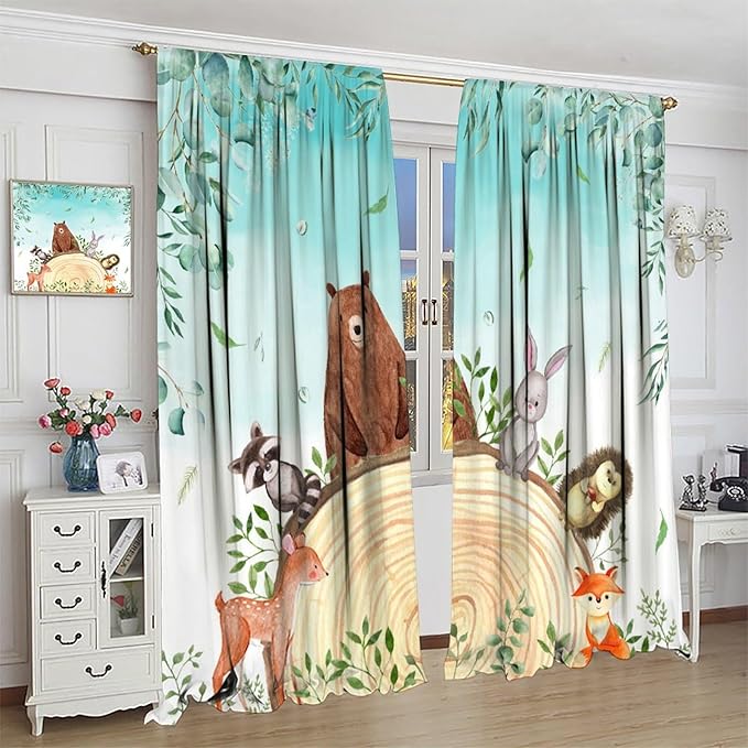 Kids Forest Animal Curtains, Woodland Animal Window Treatments Fox Deer Bunny Wildlife Safari Jungle Bear Farmhouse Window Drapes for Girls Boys Nursery Bedroom 42x54in