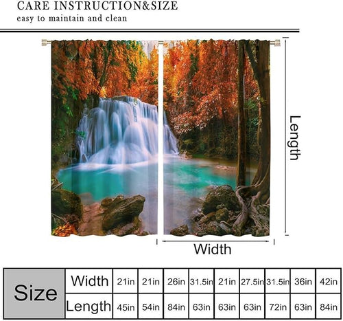 Autumn Forest Waterfall Blackout Curtains, Fall Leaves Trees Jungle Country Nature Landscape Window Drapes, for Bedroom Living Room 55" W X 63" L