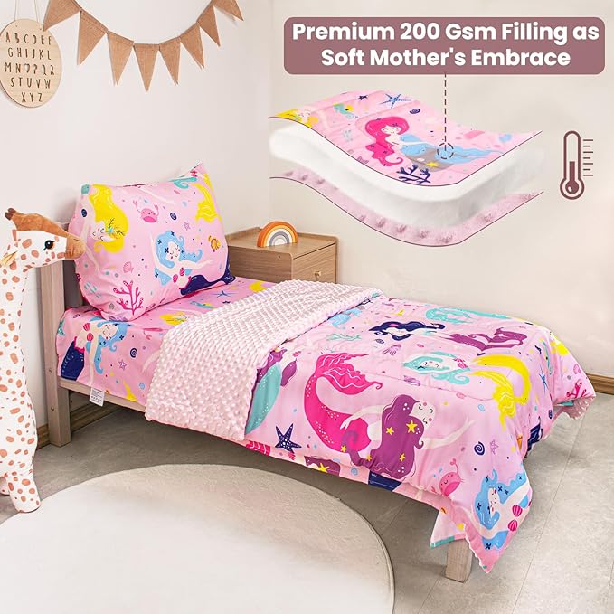 Toddler Bedding Set, Plush Minky Fabric Crib Bedding Set for Girls, Breathable and Soft Baby Crib Bedding Set, Includes Toddler Comforter, Flat Sheet, Fitted Sheet and Pillowcase for Girls (Mermaid)
