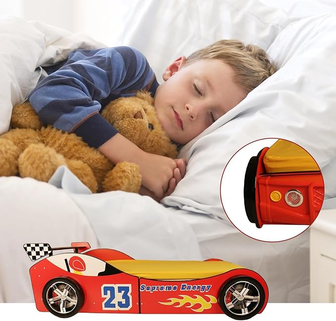 Race Car Twin Bed Frames for Kids, Wood Car-Shaped Bed Frame with LED Lights & Slat Support for Toddler, Boys or Girls (Race Car-Red)