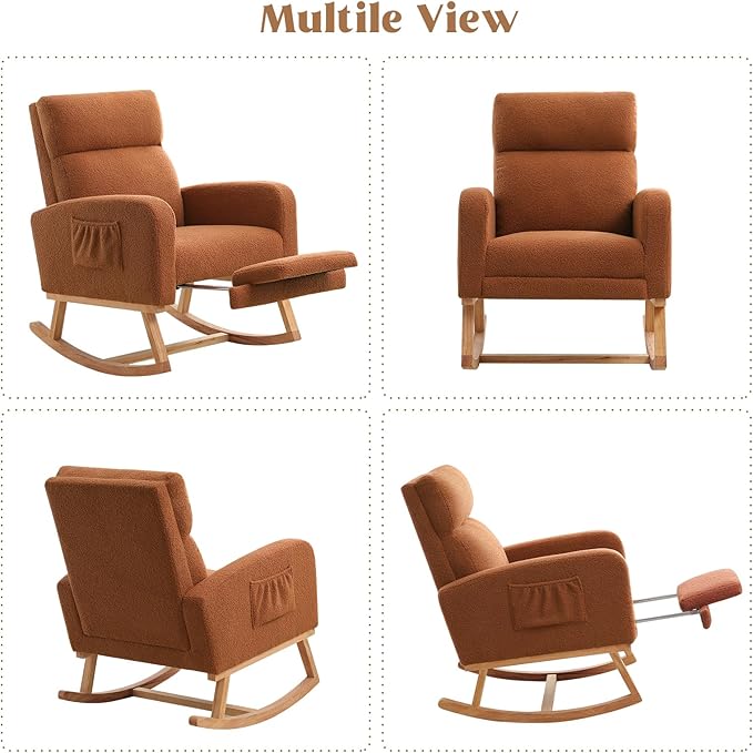 Rocking Chair Nursery with Foot Rest, Nursing Rocking Chairs for Mom Nursery, Teddy Rocker Glider with High Backrest for Living Room, Bedroom, Brown
